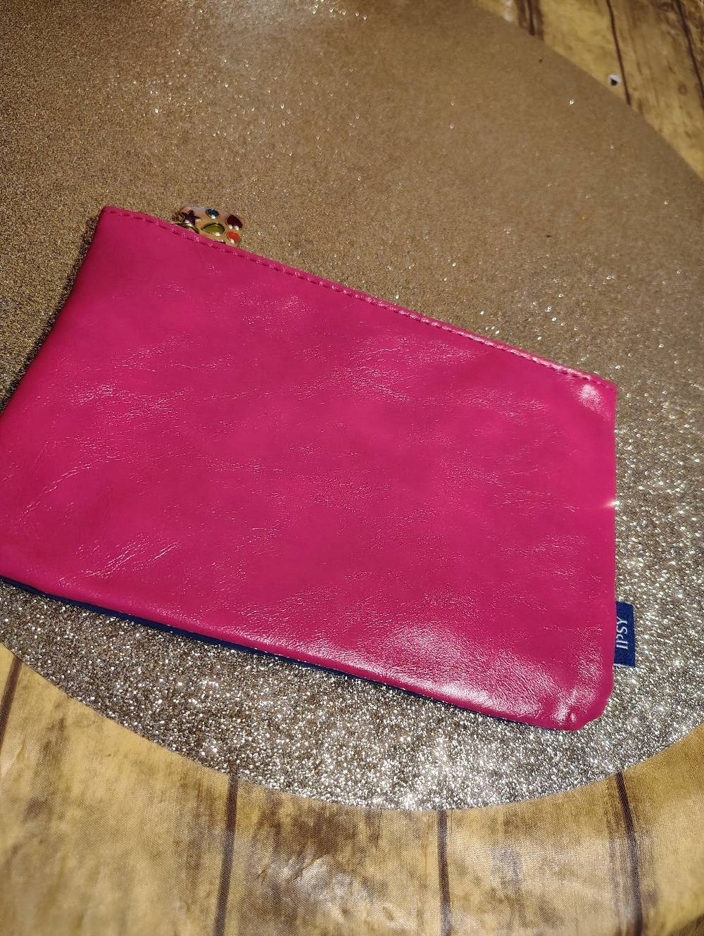 ipsy Vibrant Pink Cosmetic Pouch with Gem-Accent Zipper